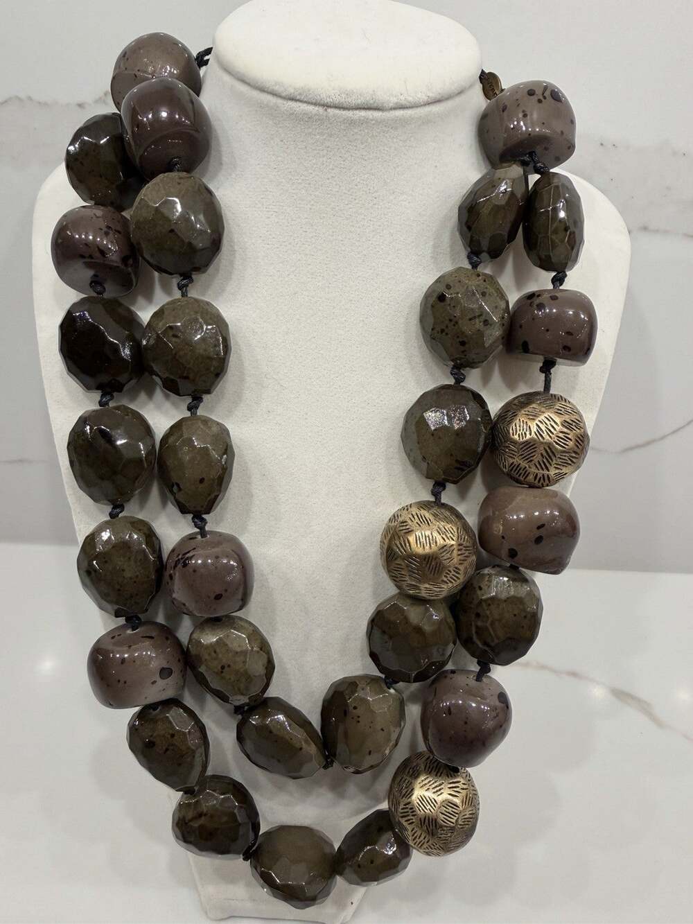 Chico’s Chunky Double Strand Beaded Statement Necklace Brown Gold Boho